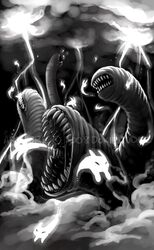  alien ambiguous_gender cloud digital_media_(artwork) digital_painting_(artwork) electricity feral greyscale group jumping lagomorph leporid lightning mammal midair monochrome monster neodokuro open_mouth rabbit sharp_teeth storm teeth white_body worm 