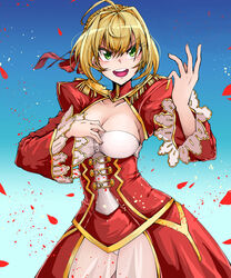  ahoge blonde_hair blue_background breasts cleavage commentary_request corset dress epaulettes fate/extra fate_(series) female gradient_background green_eyes hair_intakes highres medium_breasts nero_claudius_(fate) nero_claudius_(fate/extra) open_mouth petals ppyumeuleulu short_hair solo 