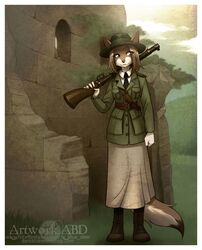  1920s 2017 abluedeer anthro blue_eyes brown_body brown_fur brown_hair canid canine canis castle clothing female freya_o&#039;cathain fur grass gun hair hi_res ireland irish mammal military ocathain~art plant ranged_weapon rifle ruins soldier uniform warrior weapon wolf 