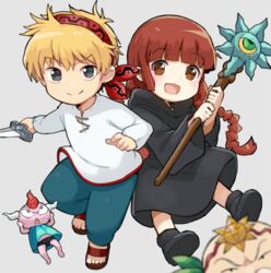  2boys :d bandana black_footwear black_robe blonde_hair blue_pants blunt_bangs blurry blurry_foreground blush boots braid brown_eyes brown_footwear brown_hair colored_skin commentary_request dagger depth_of_field facial_hair female fundoshi gipple_(mahoujin_guruguru) grey_eyes hands_on_own_head haruken holding holding_dagger holding_knife holding_staff holding_weapon japanese_clothes knife kotori_photobomb kukuri_(mahoujin_guruguru) leaf long_hair long_sleeves looking_at_viewer low_twintails mahoujin_guruguru moustache multiple_boys nike_(mahoujin_guruguru) old old_man open_mouth pants pink_skin robe sandals shirt smile staff sweat twin_braids twintails udberg_eldol very_long_hair weapon white_shirt wide_sleeves 