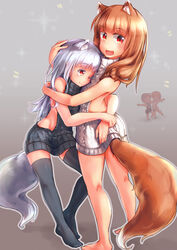  4girls animal_ears backless_dress backless_outfit bare_back barefoot black_legwear black_row black_sweater braid brown_eyes brown_hair character_request commentary_request dress highres holo hug kneepits legs long_hair meme_attire mother_and_daughter multiple_girls myuri_(spice_and_wolf) naked_sweater one_eye_closed open_mouth shinsetsu_spice_and_wolf smile spice_and_wolf sweater sweater_dress tail thighhighs turtleneck turtleneck_sweater virgin_killer_sweater white_sweater wolf_ears wolf_girl wolf_tail zettai_ryouiki 