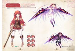  :d alisia_heart armor armored_boots bare_shoulders blue_eyes blush boots breastplate character_name dual_wielding dungeon_travelers_2 female flower full_body gauntlets glowing glowing_eyes hair_flower hair_ornament headband highres holding holding_weapon kawata_hisashi knee_boots long_hair looking_at_viewer multiple_views official_art open_mouth page_number panties pantyhose pauldrons pelvic_curtain pleated_skirt red_hair scan shoulder_armor showgirl_skirt skirt sleeveless smile standing sword thigh_strap thighhighs underwear variations weapon 