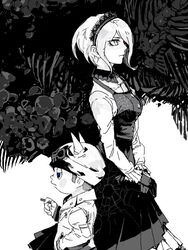  1boy bangs black_dress black_gloves blue_eyes buttons danganronpa dress duo female frills gloves hair_over_one_eye hat headdress hoshi_ryouma jacket maid maid_headdress necktie new_danganronpa_v3 shirt short_hair side_bangs sksk tie toujou_kirumi 