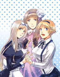  3girls axis_powers_hetalia bad_id bad_pixiv_id belarus_(hetalia) blonde_hair blue_eyes blue_hairband bow breasts coat dress fur_hat genderswap_(mtf) gloves hairband hairbow hat holding_hands interlocked_fingers large_breasts long_hair multiple_girls photoshop_(medium) purple_eyes purple_hairband rainsp rule_63 russia_(hetalia) short_hair siblings sisters suspenders ukraine_(hetalia) white_hairband 