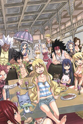  5boys 6+girls abs absurdres animal animal_ears bandages barefoot bikini black_hair blonde_hair blue_hair blush breasts brown_hair cana_alberona cat_ears chin_piercing cleavage dress drink elfman_strauss erza_scarlet fairy_tail feet feline fish food gajeel_redfox gray_fullbuster happy_(fairy_tail) hawaiian_shirt highres indoors jewelry juvia_lockser laxus_dreyar levy_mcgarden lisanna_strauss looking_at_viewer lucy_heartfilia makarov_dreyar mashima_hiro mavis_vermilion mirajane_strauss multiple_boys multiple_girls natsu_dragneel necklace official_art open_clothes open_shirt pink_hair red_hair sausage shirt short_shorts shorts sitting swimsuit table tail tank_top tattoo umbrella wendy_marvell white_hair wings 