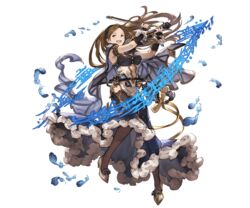  bow_(music) brown_eyes brown_hair feathers female full_body granblue_fantasy hairband high_heels instrument long_hair minaba_hideo musical_note navel novei_(granblue_fantasy) official_art open_mouth solo teeth transparent_background violin 