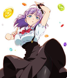  ahoge arm_up bad_id bad_pixiv_id black_flower black_pantyhose black_rose blue_eyes blush bow bowtie breasts candy commentary_request cowboy_shot dagashi_kashi dress_shirt eyebrows female flower food frilled_shirt_collar frilled_sleeves frills hair_flower hair_ornament high-waist_skirt koitsu_(blue) large_breasts looking_at_viewer nail_polish pantyhose parted_lips purple_hair red_bow red_bowtie red_nails ringed_eyes rose scrunchie shidare_hotaru shirt short_hair short_sleeves simple_background skirt solo suspender_skirt suspenders upskirt white_background white_shirt wrist_scrunchie 