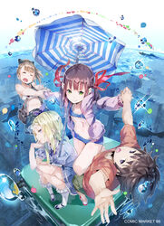  4girls :o aqua_eyes bikini black_hair blonde_hair blue_bikini bobby_socks brown_hair bubble city closed_eyes comiket_86 commentary_request flat_chest green_eyes hair_ribbon holding_hands hood hoodie interlocked_fingers long_hair multiple_girls navel open_mouth original photoshop_(medium) pigeon-toed purple_eyes ribbon short_hair smile socks squatting standing standing_on_one_leg swimsuit umbrella white_legwear yuugen 