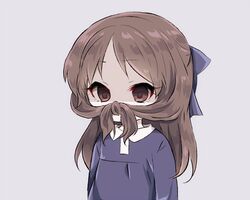  blue_bow blue_shirt bow brown_eyes brown_hair collared_shirt commentary_request empty_eyes fake_facial_hair fake_mustache female grey_background hair_mustache hairbow idolmaster idolmaster_cinderella_girls long_hair looking_away playing_with_hair playing_with_own_hair prank shaded_face shirt simple_background solo tachibana_arisu tied_hair upper_body yumeno_(rubbercup) 