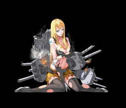  blonde_hair blue_eyes breasts california_(warship_girls_r) cleavage commentary damaged female fire highres hikari123456 large_breasts long_hair official_art photoshop_(medium) rigging smoke solo tattoo warship_girls_r 