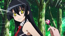  akame akame_ga_kill! black_hair candy character_request female lollipop long_hair night_raid red_eyes screencap standing very_long_hair 