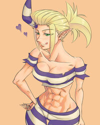  abs bare_shoulders blonde_hair breasts cameltoe cleavage collarbone commentary_request cowboy_shot crop_top female green_eyes horns licking_lips namasomi off-shoulder_shirt off_shoulder pointy_ears ponytail prison_clothes scar scythana shirt single_horn skullgirls solo thigh_gap tongue tongue_out wide_hips 