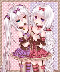  2girls ahoge artist_name asymmetrical_legwear bad_id bad_pixiv_id bare_shoulders bell bow breasts candy chocolate cleavage collar colored_stripes commentary_request dress food food_in_mouth frilled_collar frills garter_straps hair_ornament hair_ribbon hairbow heart heart-shaped_chocolate heterochromia holding_hands long_hair looking_at_viewer low_twintails mismatched_legwear mole mole_under_eye mouth_hold multiple_girls neck_bell original partial_commentary polka_dot polka_dot_background purple_eyes ribbon rolo_noir small_breasts striped_clothes striped_dress striped_thighhighs thighhighs tsukikage_nemu twintails uneven_legwear valentine vertical-striped_clothes vertical-striped_dress very_long_hair white_hair yves_astroel 