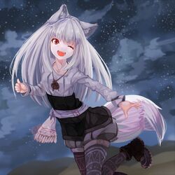  animal_ears black_pantyhose black_shirt commentary_request female grey_hair highres leg_up long_hair myuri_(spice_and_wolf) night night_sky one_eye_closed open_mouth outdoors outstretched_arm pantyhose pantyhose_under_shorts pouch print_pantyhose red_eyes sash shinsetsu_spice_and_wolf shirt shoes shorts sky smile solo spice_and_wolf standing standing_on_one_leg star_(sky) tail teikiatsu white_shirt wolf_ears wolf_tail 