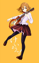  aji_(ajiopen) brown_eyes brown_hair commentary_request female fuwafuwa_time guitar hair_ornament hairclip hirasawa_yui instrument k-on! mary_janes pantyhose plectrum shoes short_hair skirt solo 