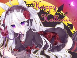  ahoge animal_ears bad_id bad_pixiv_id candy colored_stripes dress female food frills gothic_lolita hairband halloween happy_halloween holding lace lace-trimmed_dress lace_trim lolita_fashion lolita_hairband lollipop long_hair looking_at_viewer lying on_stomach original purple_eyes rabbit_ears rabbit_tail red_thighhighs rolo_noir solo striped_clothes striped_thighhighs tail thighhighs tsukikage_nemu white_hair zettai_ryouiki 