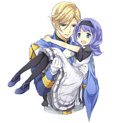  1boy age_difference almiria_bauduin black_legwear blonde_hair blue_eyes cape carrying commentary_request dress female gloves green_eyes gundam gundam_tekketsu_no_orphans hairband jacket jouji long_hair mcgillis_fareed military military_uniform open_mouth pants pantyhose princess_carry purple_hair smile uniform white_gloves 