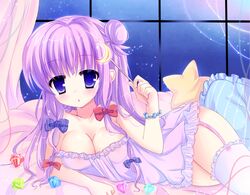  alternate_costume bed blue_eyes bow breasts cleavage commentary_request female garter_straps gem hair_bun hair_ribbon hairbow holding kuze_matsuri long_hair looking_at_viewer lying medium_breasts nightgown patchouli_knowledge pillow purple_hair ribbon single_hair_bun solo touhou wand 