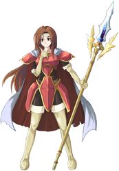  altena_(fire_emblem) armor bad_id bad_pixiv_id boots brown_eyes brown_hair cape echizen_(hvcv) elbow_gloves female fire_emblem fire_emblem:_genealogy_of_the_holy_war gloves headband highres long_hair polearm simple_background smile solo spear thigh_boots thighhighs very_long_hair weapon white_background 