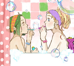  2girls bad_id bad_pixiv_id bath bathing blowing_bubbles bubble bubble_bath bubble_pipe curtains hair_up hairband kurage macross macross_frontier multiple_girls ranka_lee same-sex_bathing shared_bathing sheryl_nome shower_curtain 