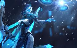  armor ashe_(league_of_legends) bad_id bad_pixiv_id blurry bodysuit bow_(weapon) closed_mouth contrapposto covered_navel cowboy_shot cyborg depth_of_field drone female flying glowing highres holding holding_bow_(weapon) holding_weapon hood ice league_of_legends legs_apart lens_flare light linger_ftc looking_to_the_side motion_blur outstretched_arm outstretched_hand pauldrons photoshop_(medium) power_armor project:_ashe project_(league_of_legends) shoulder_armor snowing solo standing visor weapon white_hair 