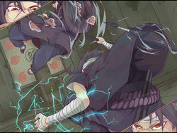  2boys action akatsuki_uniform attack bandaged_arm bandages battle black_footwear black_hair black_pants brothers chidori_(naruto) commentary_request crack cracked_wall dagger dodging duel dutch_angle electricity electrokinesis eye_trail floor forehead_protector glowing glowing_eyes headband highres holding holding_dagger holding_knife holding_sword holding_weapon indoors jumping katana knife konohagakure_symbol kunai light_trail lightning long_sleeves looking_at_another magic midair multiple_boys naruto_(series) naruto_shippuuden ninja pants patterned red_eyes reverse_grip robe sandals sharingan sheath short_hair short_sleeves siblings squatting stone_floor stone_wall sword throne throwing throwing_knife tomoe_(symbol) uchiha_itachi uchiha_sasuke unsheathed wall weapon yakitori_(artist) 