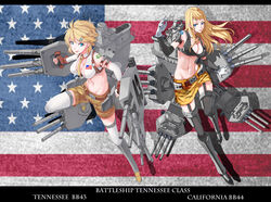  2girls american_flag blonde_hair blue_eyes breasts california_(warship_girls_r) commentary english_text groin highres hikari123456 large_breasts long_hair multiple_girls navel official_art photoshop_(medium) rigging short_hair tattoo tennessee_(warship_girls_r) thighhighs turret warship_girls_r 