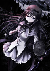  akemi_homura akemi_homura_(magical_girl) arrow_(projectile) bad_id bad_pixiv_id black_hair black_hairband blue_eyes bow_(weapon) city dark dutch_angle female glaring hairband half-closed_eyes highres kuboken_(kenta_kubodera) long_hair magical_girl mahou_shoujo_madoka_magica mahou_shoujo_madoka_magica_(anime) pantyhose photoshop_(medium) ruins shield solo weapon 