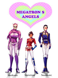  3girls ahoge arm_cannon bad_id bad_pixiv_id black_hair breasts charlie&#039;s_angels dark-skinned_female dark_skin decepticon garter_belt genderswap_(mtf) gloves gun hand_on_own_hip heart height_difference highres humanization large_breasts long_hair multiple_girls necktie parody photoshop_(medium) purple_hair red_eyes robot_ears rule_63 shockwave_(transformers) short_hair soundwave_(transformers) starscream sunglasses tengo_(metron) transformers weapon 