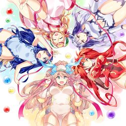  5girls barefoot blonde_hair blue_eyes breasts china_dress chinese_clothes circlet commentary covered_navel double_bun dragon_girl dress elbow_gloves fingerless_gloves from_below gloves green_eyes hair_bun hair_ornament haku_(p&amp;d) highres horns kaki_s karin_(p&amp;d) large_breasts leilan_(p&amp;d) long_hair medium_breasts meimei_(p&amp;d) multicolored_hair multiple_girls navel oerba_yun_fang one_eye_closed open_mouth orb purple_hair puzzle_&amp;_dragons ribbon sakuya_(p&amp;d) silver_hair symbol-only_commentary thighhighs turtle_shell twintails two-tone_hair very_long_hair 