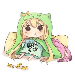  animal_costume bad_id bad_pixiv_id blonde_hair brown_eyes chibi clothes_writing cosplay daga_kotowaru doma_umaru doma_umaru_(cosplay) female futaba_anzu hamster_costume handheld_game_console himouto!_umaru-chan hood idolmaster idolmaster_cinderella_girls komaru_(himouto!_umaru-chan) komaru_(himouto!_umaru-chan)_(cosplay) long_hair parody pina_korata playstation_portable solo twintails usameruti 