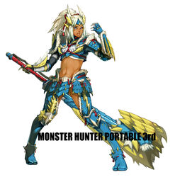  aji_(ajiopen) armor bad_link blue_eyes dark-skinned_female dark_skin female huge_weapon long_hair midriff monster_hunter_(character) monster_hunter_(series) monster_hunter_portable_3rd navel ponytail solo switch_axe weapon white_hair zinogre_(armor) 