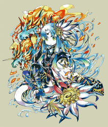  adjusting_hair anklet blue_hair circlet claws commentary_request dragon dragon_girl female fire green_eyes hair_ornament hair_tubes highres horns izumi_asuka japanese_clothes jewelry kimono long_hair monster_girl multiple_heads open_mouth orochi_(p&amp;d) pale_skin photoshop_(medium) puzzle_&amp;_dragons single_horn sumire_(p&amp;d) tail thighhighs traditional_media water 