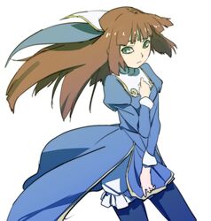  blue_pantyhose brown_hair commentary_request female fractale green_eyes hand_on_own_chest kurita_shin&#039;ichi long_hair pantyhose phryne_(fractale) priest solo 