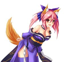  animal_ears blue_thighhighs bow breasts cleavage collarbone commentary_request detached_sleeves fate/extra fate_(series) female fox_ears fox_tail hair_ribbon hairbow highres japanese_clothes large_breasts looking_at_viewer muji_(majunduo) orange_tail pink_hair ribbon simple_background solo tail tamamo_(fate) tamamo_no_mae_(fate/extra) thighhighs white_background yellow_eyes 