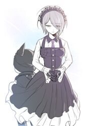  1boy bangs black_dress black_gloves buttons crying danganronpa dress duo female frills gloves green_eyes grey_hair hair_over_one_eye hat headdress hoshi_ryouma jacket maid maid_headdress necktie new_danganronpa_v3 sad shirt short_hair side_bangs tie toujou_kirumi 