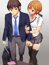  1boy aida_takanobu amagamido animal_ear_legwear arm_hug bag belt black_eyes black_footwear black_hair blazer blue_necktie bracelet breasts brown_footwear brown_hair cat_ear_legwear cleavage commentary_request couple female heart heart_necklace highres jacket jewelry looking_at_another looking_back medium_breasts miniskirt nanase-chan_ntr! nanase_(amagamido) necklace necktie open_mouth pantyhose parted_lips pleated_skirt red_eyes school_bag school_uniform shoes short_hair skirt straight walking 