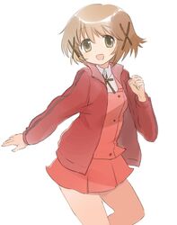  asasow brown_eyes brown_hair commentary_request female hair_ornament hidamari_sketch jacket school_uniform short_hair skirt smile solo track_jacket x_hair_ornament yuno_(hidamari_sketch) 