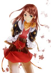  arms_behind_back belt buckle commentary_request female green_eyes head_tilt highres kururi_(oekaki_nikki) leaf looking_at_viewer pants red_hair rose_(tales) smile tales_of_(series) tales_of_zestiria 