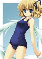  blonde_hair blue_eyes commentary_request efa female hair_ribbon katahane katase_kai one-piece_swimsuit one_side_up photoshop_(medium) ribbon school_swimsuit short_hair short_ponytail simple_background smile solo swimsuit wet wet_clothes wet_swimsuit white_wings wings 