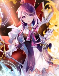  1boy aether_sage_(elsword) ahoge aisha_landar bad_id bad_pixiv_id bare_shoulders collared_dress commentary dress earrings elsword elsword_(character) female fire frills gloves highres ice jacket jewelry knight_emperor_(elsword) lium long_hair over-kneehighs puffy_sleeves purple_eyes purple_hair staff symbol thighhighs tie_clip 