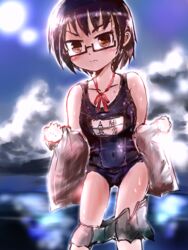  bare_shoulders black-framed_eyewear black_hair blue_sky brown_eyes clothes_pull cloud collarbone commentary_request covered_navel cowboy_shot day female glasses highres jewelry kagaku_chop looking_at_viewer microskirt nagakura_ren name_tag neck_ring nishi_(nishinotes) one-piece_swimsuit red_ribbon ribbon school_swimsuit school_uniform semi-rimless_eyewear short_hair skin_tight skirt skirt_pull sky solo standing sun sunlight swimsuit under-rim_eyewear undressing water wavy_mouth 