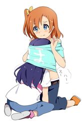  2girls blue_eyes blush clothes_writing commentary_request head_up_shirt kneeling kosaka_honoka long_hair love_live! love_live!_school_idol_project multiple_girls ogipote one_side_up orange_hair pants shirt shoes short_hair sitting sonoda_umi t-shirt wariza white_background yuri 