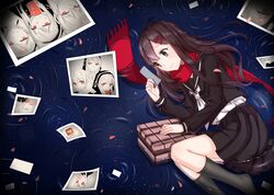  ayano_no_koufuku_riron_(vocaloid) black_eyes black_skirt black_socks blue_background box brown_hair closed_mouth commentary female foot_out_of_frame fringe_trim hair_ornament hairclip highres holding holding_photo hood hood_up hoodie kagerou_project kan_(rainconan) kano_shuuya kido_tsubomi long_hair long_scarf long_sleeves looking_at_object lying neckerchief necktie on_liquid on_side petals photo_(object) pleated_skirt print_hoodie red_eyes red_necktie ripples scarf seto_kousuke shirt single_stripe skirt sleeve_cuffs smile socks solo_focus striped tateyama_ayano upper_body white_neckerchief white_shirt winter_uniform 