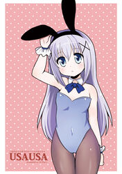  animal_ears blue_eyes blue_hair bow bowtie commentary_request detached_collar female flat_chest gochuumon_wa_usagi_desu_ka? hair_ornament hairclip kafuu_chino kuromitu_(kageneko) long_hair pantyhose playboy_bunny rabbit_ears wrist_cuffs x_hair_ornament 