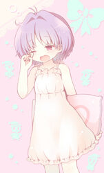  23_(candy_chapus) antenna_hair bare_shoulders blush chemise collarbone commentary_request cowboy_shot female frills hand_up holding holding_pillow little_green_men nightgown one_eye_closed open_mouth pillow purple_eyes purple_hair rubbing_eyes short_hair sleepwear sleepy sleeveless solo sukuna_shinmyoumaru touhou waking_up yawning 