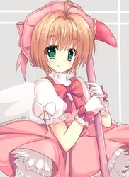  antenna_hair brown_hair cardcaptor_sakura commentary_request female fuuin_no_tsue gloves green_eyes hat highres holding kinomoto_sakura kinomoto_sakura_(magic_dream_costume) kuze_matsuri looking_at_viewer pink_hat short_hair smile solo white_gloves 