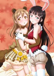  2girls :o animal_ears aqua_eyes autumn_leaves ayase_eli ayase_eli_(cosplay) barefoot bed_sheet black_bow black_bowtie black_hair bloomers blunt_bangs blush bow bowtie brown_gloves brown_hair center_frills choker ckst coattails commentary_request cosplay cover cover_image cover_page doujin_cover elbow_gloves frills fur-trimmed_choker fur-trimmed_gloves fur_trim gloves hair_ornament hairclip hand_on_another&#039;s_shoulder highres hug in-franchise_crossover kneeling korekara_no_someday kunikida_hanamaru kurosawa_dia long_hair looking_away love_live! love_live!_school_idol_project love_live!_sunshine!! miniskirt mole mole_under_mouth multiple_girls off-shoulder_shirt off_shoulder open_mouth rabbit_ears rabbit_tail raccoon_ears raccoon_tail shirt shorts skirt sleeveless sonoda_umi sonoda_umi_(cosplay) striped_clothes striped_shorts tail thigh_strap thighhighs underwear vertical-striped_clothes vertical-striped_shorts white_gloves white_legwear yellow_eyes 