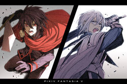  2boys action bad_id bad_pixiv_id battle black_hair cape emanuel_(pixiv_fantasia) gargadia_empire gauntlets gloves lucas_(pixiv_fantasia) multiple_boys pixiv_fantasia pixiv_fantasia_5 red_eyes shirahama_kamome sword trigard_empire weapon white_eyes white_hair 