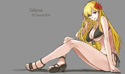  bikini blonde_hair blue_eyes breasts california_(warship_girls_r) chinese_commentary cleavage commentary_request english_text feet female flower grey_background hair_flower hair_ornament high_heels highres hikari123456 large_breasts long_hair sandals shoes side-tie_bikini_bottom sitting solo swimsuit toeless_footwear toes underboob warship_girls_r 